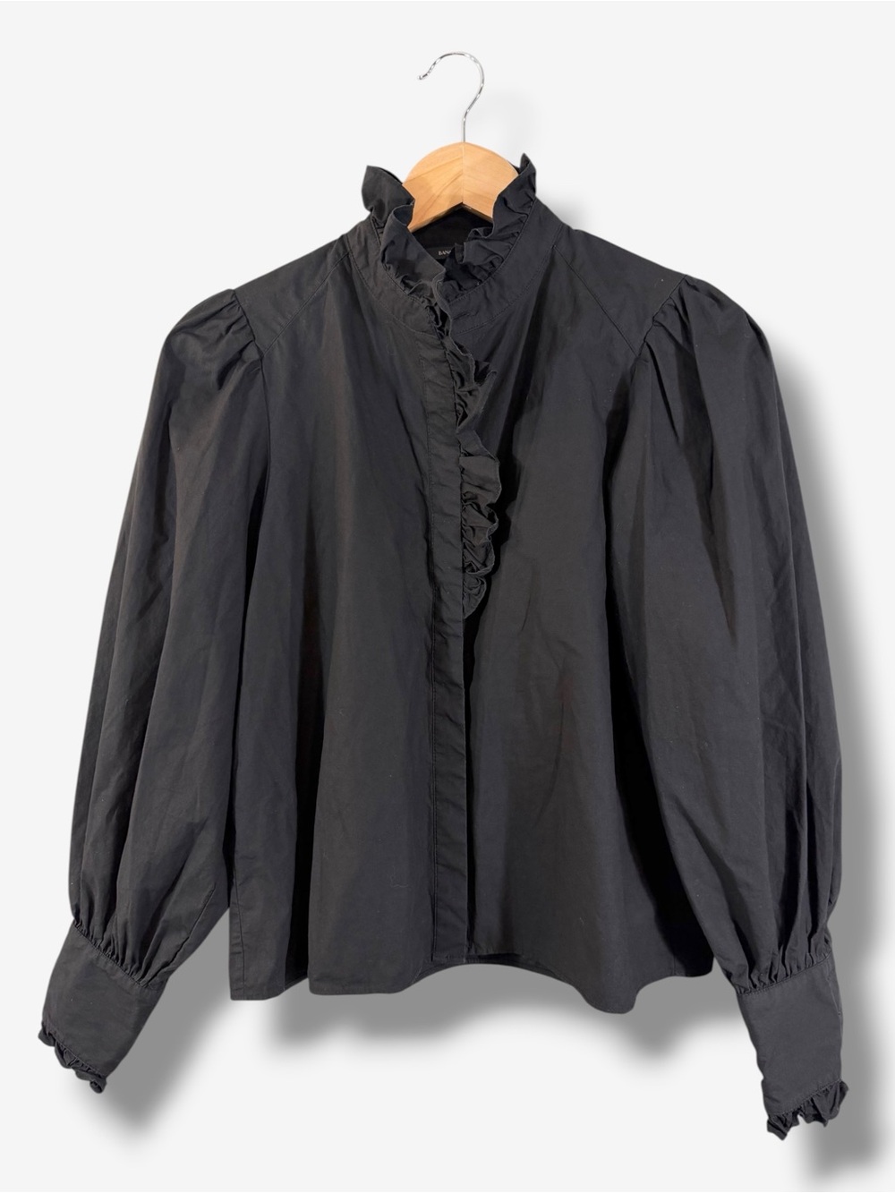 Banana Republic Black Ruffle Neck Blouse S Puff Sleeve Victorian Romantic